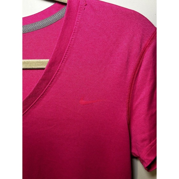NIKE Neon Pink Dri Fit V Neck Regular Fit Activewear T Shirt Top Womens Size S - Picture 2 of 5